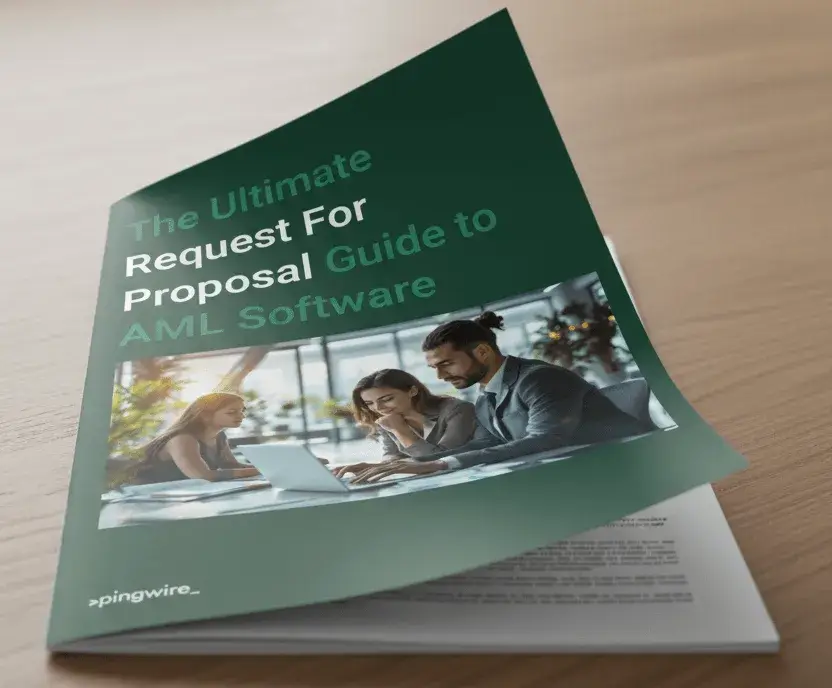 The Ultimate Request For Proposal Guide to AML Software by Pingwire brochure on a wooden table.